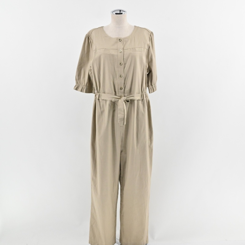 H by Halston Khaki‎ Jumpsuit Womens Size L Button Tie Waist Wide Leg Casual
